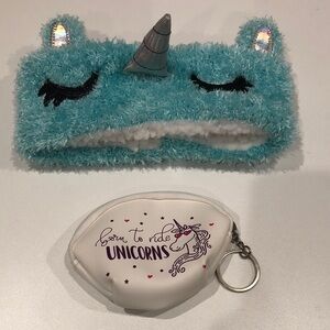Plush unicorn headband or sleep mask and unicorn coin purse with zipper